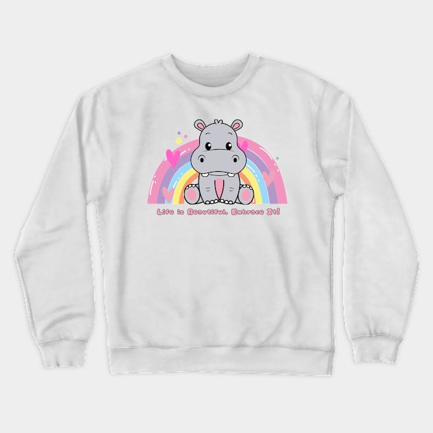 cute hippo with rainbow Crewneck Sweatshirt by Craftycarlcreations